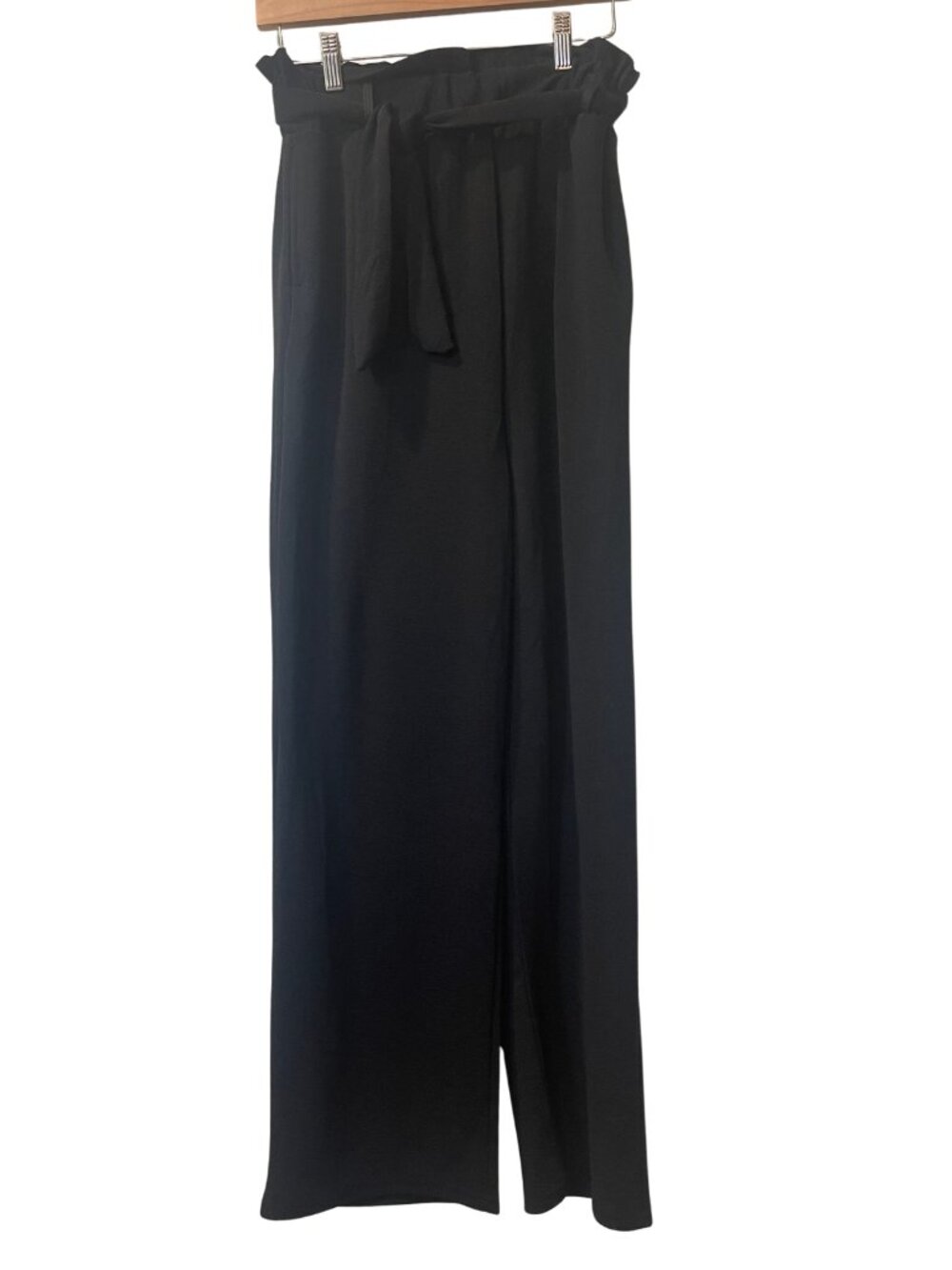 Black Paperbag Waist Wide Leg Pants Women's Size XL Tie Belt